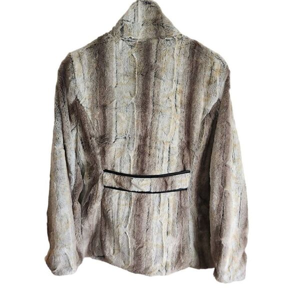 Yoki Jacket Faux Fur Womens Large Soft Ivory Tan Gray Mix Fuzzy Vegan Chinchilla - Picture 2 of 5